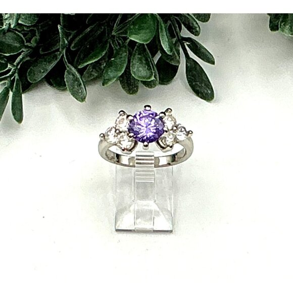Silver Tone Ring With Purple & Clear Cubic Zirconia Stones - Picture 1 of 6